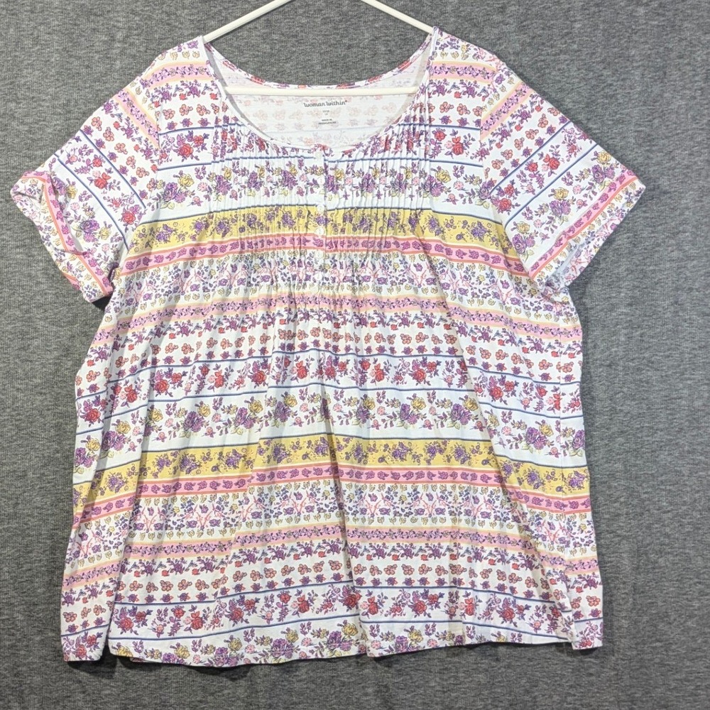 Woman Within Floral Stripe Pintuck Short Sleeve Top Multicolor Size 1X 22/24